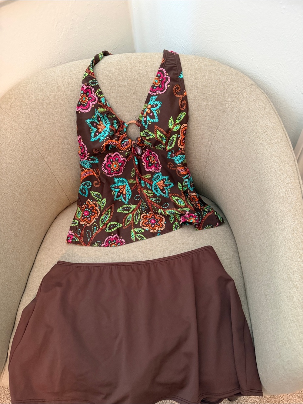 Women’s Brown Floral Tankini with Swim Skirt